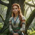 Aloy, in a lush, green valley, surrounded by towering, ancient trees, her face lit by the soft, diffused light of the forest, her pose relaxed yet ready, the environment serene and peaceful