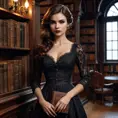 A seductive female vampire, her hair as dark as night, wearing a vintage lace dress, leaning against a grand, mahogany bookcase in a dimly lit, Victorian-era library, holding an ancient, leather-bound tome.