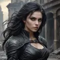 A fierce female vampire, clad in black leather armor, standing in a desolate, post-apocalyptic cityscape, her eyes piercing through the shadows, a gust of wind stirring her long, raven hair.