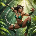 A dramatic scene of Nidalee leaping through the air, her transformation into a fierce jungle cat complete, with razor-sharp claws extended and eyes glowing with predatory intent, the background a blur of green foliage and sunlight.