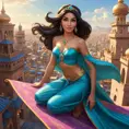 A vibrant scene of Princess Jasmine riding on a magic carpet, her hair flowing in the wind, with the bustling city of Agrabah spread out below her.