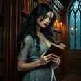 A seductive female vampire, her hair as dark as night, wearing a vintage lace dress, leaning against a grand, mahogany bookcase in a dimly lit, Victorian-era library, holding an ancient, leather-bound tome.