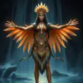 Render Nidalee in a ceremonial outfit, adorned with feathers, beads, and bones, standing before a roaring waterfall, her arms outstretched as if channeling the power of the elements, the water illuminated by a mystical, otherworldly light.