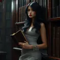 A seductive female vampire, her hair as dark as night, wearing a vintage lace dress, leaning against a grand, mahogany bookcase in a dimly lit, Victorian-era library, holding an ancient, leather-bound tome.