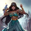 A dynamic action pose of Princess Jasmine, her expression fierce as she stands protectively over her kingdom, with the iconic Genie watching over her in the background.