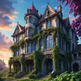 A surreal landscape where Poison Ivy vines twist and turn, creating a living tapestry against a backdrop of a crumbling Gothic mansion, the sky painted with hues of deep purple and blue.