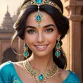 A close-up of Princess Jasmine's confident smile, adorned with intricate jewelry, her gaze directed towards the horizon, symbolizing her adventurous spirit.