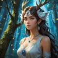 An ethereal scene of Princess Mononoke standing atop a towering tree, her eyes reflecting the wisdom of the ancient forest, surrounded by fluttering spirits and glowing fireflies.