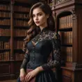 A seductive female vampire, her hair as dark as night, wearing a vintage lace dress, leaning against a grand, mahogany bookcase in a dimly lit, Victorian-era library, holding an ancient, leather-bound tome.