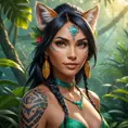 A stunning portrait of Nidalee from League of Legends, rendered in vibrant colors with intricate details of her tribal tattoos and the majestic jungle cat features, set against a backdrop of a lush, misty Amazon rainforest at dawn.