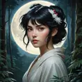 A stunning portrait of Princess Mononoke, with her wild, black hair flowing around her shoulders, set against a backdrop of dense, mystical forest, illuminated by moonlight.