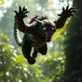 A dramatic scene of Nidalee leaping through the air, her transformation into a fierce jungle cat complete, with razor-sharp claws extended and eyes glowing with predatory intent, the background a blur of green foliage and sunlight.