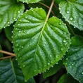 A close-up macro shot of Poison Ivy leaves, each leaf intricately detailed with a vibrant green hue and subtle veins, dew drops glistening on the surface under a soft morning light.