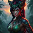 A stunning portrait of Nidalee from League of Legends, rendered in vibrant colors with intricate details of her tribal tattoos and the majestic jungle cat features, set against a backdrop of a lush, misty Amazon rainforest at dawn.