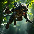 A dramatic scene of Nidalee leaping through the air, her transformation into a fierce jungle cat complete, with razor-sharp claws extended and eyes glowing with predatory intent, the background a blur of green foliage and sunlight.