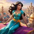 A vibrant scene of Princess Jasmine riding on a magic carpet, her hair flowing in the wind, with the bustling city of Agrabah spread out below her.