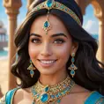 A close-up of Princess Jasmine's confident smile, adorned with intricate jewelry, her gaze directed towards the horizon, symbolizing her adventurous spirit.