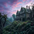 A surreal landscape where Poison Ivy vines twist and turn, creating a living tapestry against a backdrop of a crumbling Gothic mansion, the sky painted with hues of deep purple and blue.