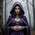 A mysterious female vampire, cloaked in a hooded cape of deep purple, standing at the edge of a foggy, enchanted forest, her hands adorned with silver rings, each engraved with ancient symbols of power.