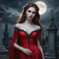 A stunning female vampire with alabaster skin, dressed in a flowing, blood-red gown, standing beneath a full moon in a gothic cemetery, her eyes glowing with an otherworldly light.