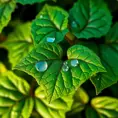 A close-up macro shot of Poison Ivy leaves, each leaf intricately detailed with a vibrant green hue and subtle veins, dew drops glistening on the surface under a soft morning light.