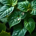 A close-up macro shot of Poison Ivy leaves, each leaf intricately detailed with a vibrant green hue and subtle veins, dew drops glistening on the surface under a soft morning light.