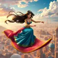 A vibrant scene of Princess Jasmine riding on a magic carpet, her hair flowing in the wind, with the bustling city of Agrabah spread out below her.