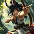 A dynamic action shot of Princess Mononoke wielding her bow and arrow, her expression fierce and determined, set in a vibrant, lush forest clearing.