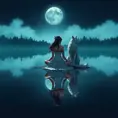 A serene image of Princess Mononoke sitting cross-legged by a serene lake, her reflection mirrored in the still water, with the silhouette of a majestic wolf at her side.