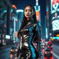 A mesmerizing model in a futuristic, metallic outfit, standing against a backdrop of a bustling city at night, neon lights reflecting off her glossy attire.