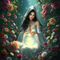 A beautiful female sorceress seated in a lush, overgrown garden, surrounded by blooming flowers of every color, her fingertips gently touching a crystal ball, the air around her shimmering with mystical energy.