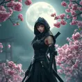 A beautiful female ninja standing amidst a serene cherry blossom garden under a full moon, her outfit a blend of traditional Japanese attire and modern tactical gear, her eyes sharp and focused, with soft, ethereal lighting enhancing her mysterious presence