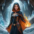 A mesmerizing female fire sorceress, cloaked in a veil of shimmering fire, standing within a cavern of crystal-clear ice, her presence causing the air to shimmer with heat, her eyes reflecting both fire and ice, a paradox of power.