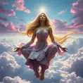 A captivating female sorceress floating above a sea of clouds, her hair flowing like a river of gold, her eyes closed in deep meditation, the sky painted with hues of purple and pink at her command.