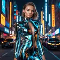 A mesmerizing model in a futuristic, metallic outfit, standing against a backdrop of a bustling city at night, neon lights reflecting off her glossy attire.