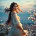 A stunning model with ethereal features, standing amidst a field of blooming cherry blossoms under a twilight sky, her hair flowing like silk in the gentle breeze.