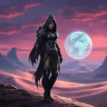 A captivating female rogue from StarCraft, standing at the edge of a vast, alien desert under a twilight sky, her armor adorned with intricate tribal patterns, a holographic map floating before her, her stance confident and ready for adventure.