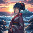 An anime character with striking emerald eyes, dressed in a traditional Japanese kimono adorned with intricate patterns of waves and dragons, standing on a rocky shore at sunset, the ocean waves crashing behind her.