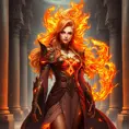 A stunning female fire sorceress, depicted in a grand, ancient temple, surrounded by pillars carved with fiery symbols, her attire a blend of flowing robes and fiery armor, her hair ablaze with ethereal fire, her expression serene yet powerful.