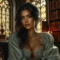 A breathtaking model with an enigmatic smile, seated in a vintage library, surrounded by ancient tomes and soft, warm light filtering through ornate windows.