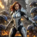 Sarah Kerrigan, the ruler of the Swarm, portrayed in a dynamic action shot, her body contorted in a battle stance, surrounded by a swarm of Zerglings, her armor detailed with the textures of chitinous plates and glowing veins, against a backdrop of a burning Terran colony.