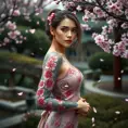 A beautiful tattooed woman with a full sleeve of vibrant cherry blossoms winding up her arm, standing against a backdrop of a serene Japanese garden, the petals gently falling around her.