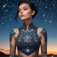 A mesmerizing tattooed woman with a geometric pattern of stars and constellations across her chest and shoulders, gazing at the night sky, the stars in her tattoos seemingly twinkling in sync with the real sky.