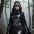 A captivating female ninja concealed within a mist-laden forest, her features partially obscured by a veil of fog, her attire a mix of stealthy dark fabrics and intricate silver detailing, the environment around her both haunting and enchanting