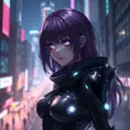 A mysterious anime character with deep purple hair, wearing a futuristic cybernetic suit, standing in a neon-lit cityscape at night, the glow reflecting off her eyes which seem to hold the secrets of the universe.