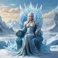 A majestic view of a female ice sorceress seated on a throne made of ice, her presence commanding and regal, with ice dragons circling above her in a frozen sky, the landscape below a vast, icy tundra.