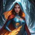 A mesmerizing female fire sorceress, cloaked in a veil of shimmering fire, standing within a cavern of crystal-clear ice, her presence causing the air to shimmer with heat, her eyes reflecting both fire and ice, a paradox of power.