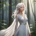 An ethereal anime character with flowing white hair, wearing a simple yet elegant gown, standing in a misty forest, the light filtering through the trees creating a halo around her, her eyes closed in peaceful meditation.