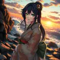 An anime character with striking emerald eyes, dressed in a traditional Japanese kimono adorned with intricate patterns of waves and dragons, standing on a rocky shore at sunset, the ocean waves crashing behind her.