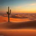 A vast, golden desert under a twilight sky, with dunes sculpted by the wind and a solitary cactus standing vigil.